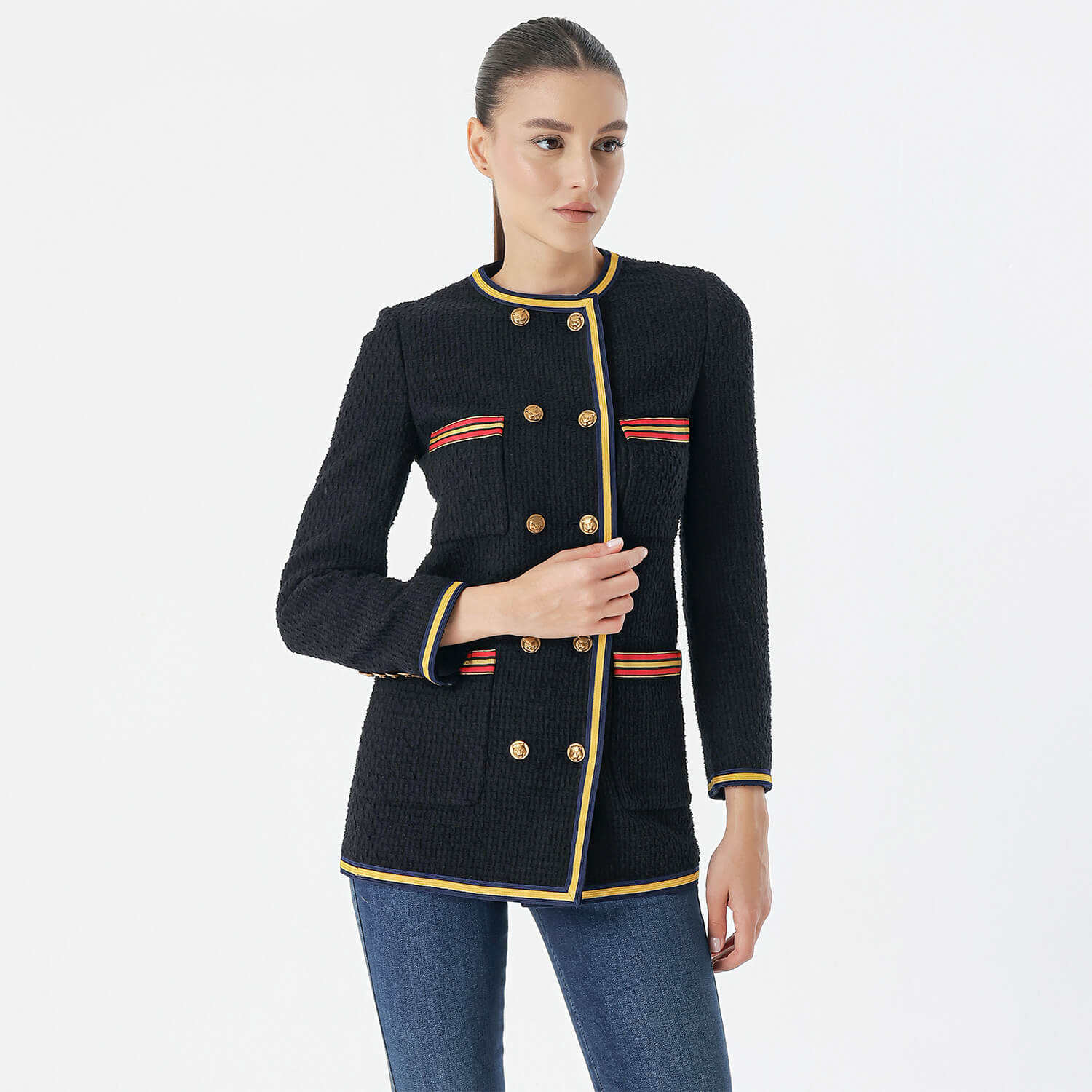 Gucci - Navy Blue&Gold Button Wool Long Jacket